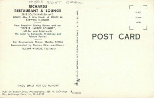 Illinois Berwyn Night Neon Richards Restaurant 1950s Drew Postcard 22-4232