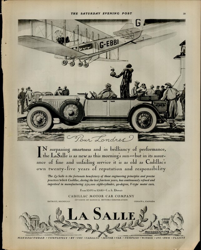 1927 La Salle Car Company G-EBBI Plane Pour Londres Vintage Print Ad 3918