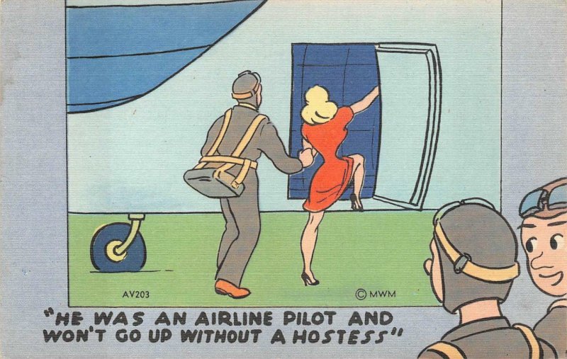 AVIATION AIRLINE PILOT HOSTESS RISQUE COMIC WWII MILITARY POSTCARD AV203 (1940s)