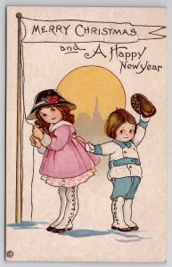 Christmas Greetings Children Raise Pennant Happy New Year Postcard U27