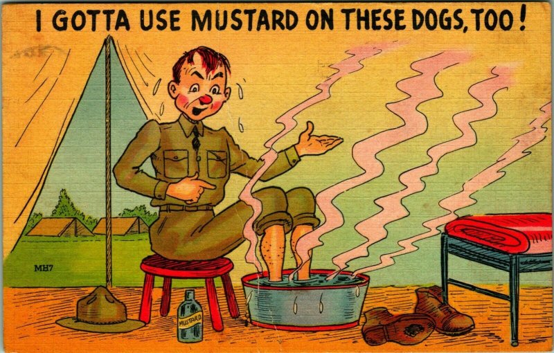 Military Comic Use Mustard on Hot Dogs Soldier Soaks Feet Linen Postcard