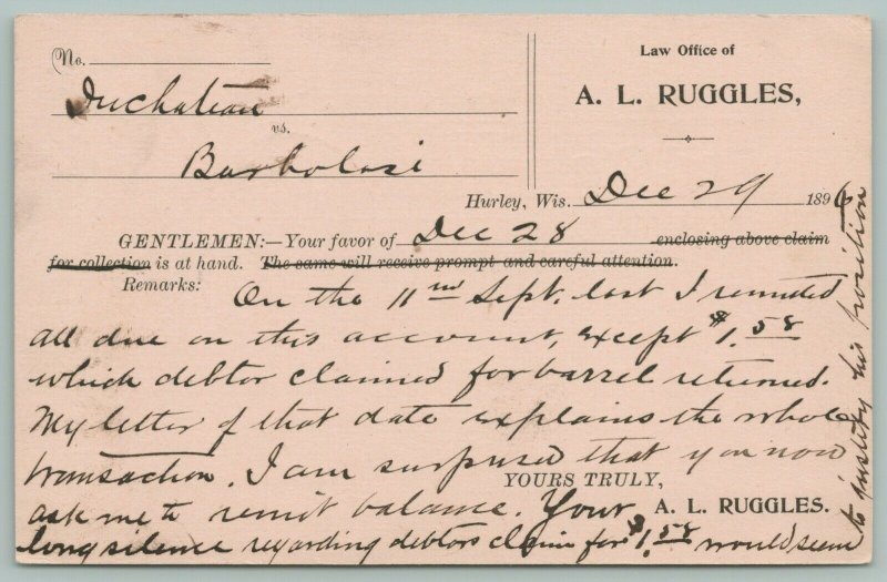 Hurley Wisconsin~AL Ruggles Attorney at Law~Duchatian vs Barbolosi~Dec 29th 1899