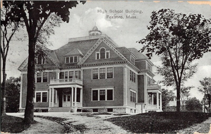 High School Building Foxboro Mass. BW WOB 1c Stamp Antique Postcard Vtg Germany 