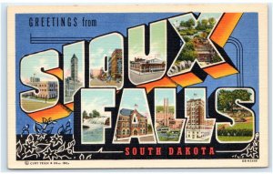 Large Letter Linen ~ SIOUX FALLS, SD Minnehaha County c1940s Curteich Postcard