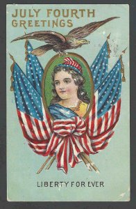 1908 PPC* Patriotic July 4th Miss Liberty W/Flags Embossed Posted Has Bends