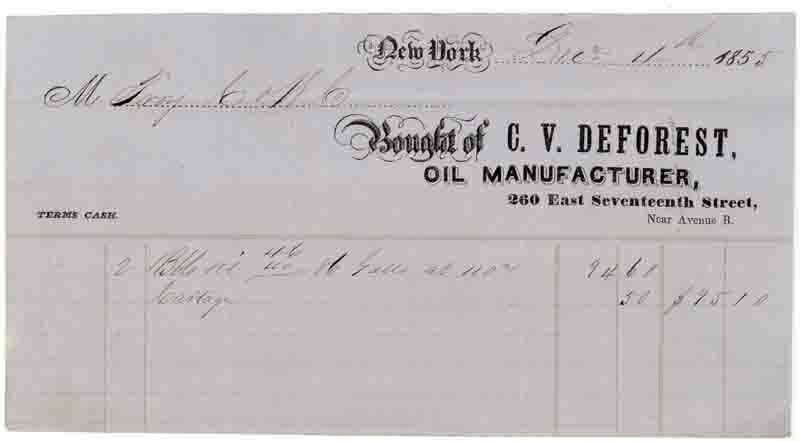 1855 Billhead, C. V. DEFOREST, Oil Manufacturer, New York City