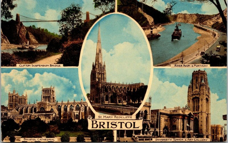 Bristol Multiview St Mary Radcliffe Bridge Cathedral River Tower VTG Postcard 