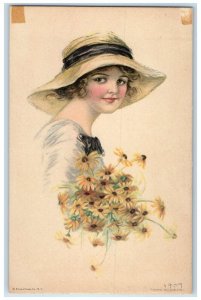 1909 Alice Fidler Pretty Woman Big Hat With Flowers Unposted Antique Postcard