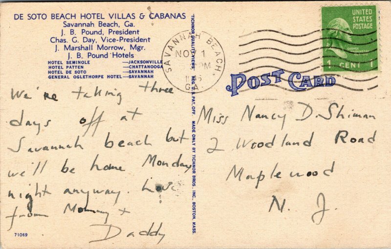 Vtg Savannah Georgia GA De Soto Beach Hotel and Cabanas 1940s Linen Postcard