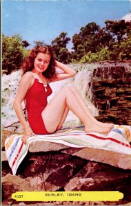 Pretty Redhead Lady by Waterfall in Red Swimsuit Burley Idaho Postcard