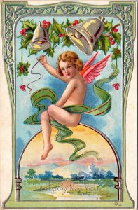 New Year Postcard Cupid Cherub Baby New Year Ringing Silver Bells Holly