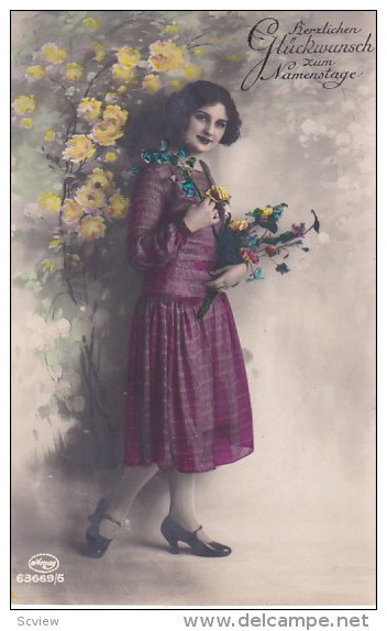 BIRTHDAY; Herzlichen Gluckwansch zum Namenstage, Yellow Roses, Woman holding ...