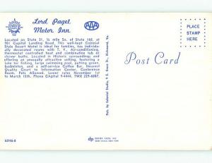 Unused Pre-1980 LORD PAGET MOTOR INN MOTEL Williamsburg Virginia VA u7120-14