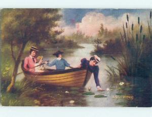 Pre-Linen FOUR WOMEN IN ONE ROWBOAT BOAT HAVING A PICNIC HL6354