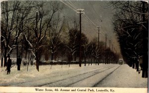 Snowy Winter Scene, 4th Ave & Central Park, Louisville KY c1910 Postcard M80