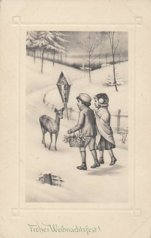 CHRISTMAS, 1900-10s; Children approaching doe deer, Crucifixion, Winter Scene