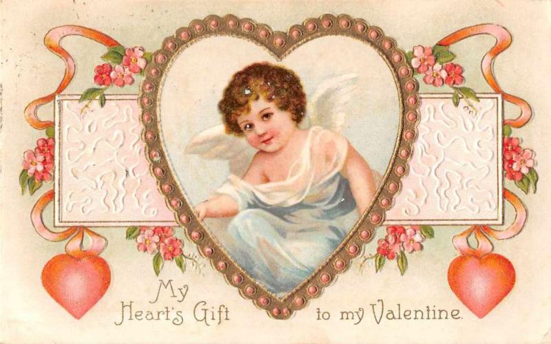 Valentines Greetings Cupid Angel Hearts Flowers Antique Postcard J55671