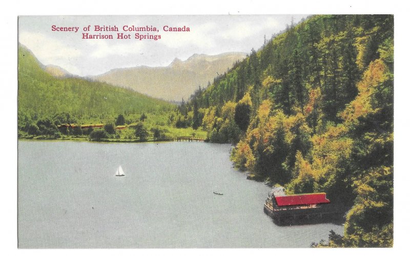 Canada British Columbia Harrison Hot Springs  Sailboat on Lake Vintage Postcard