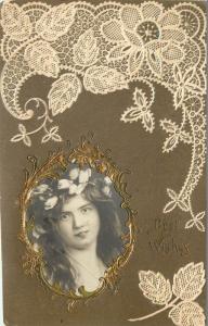 1910 Embossed Lace Postcard; Real Photo Inset of Pretty Girl, Best Wishes