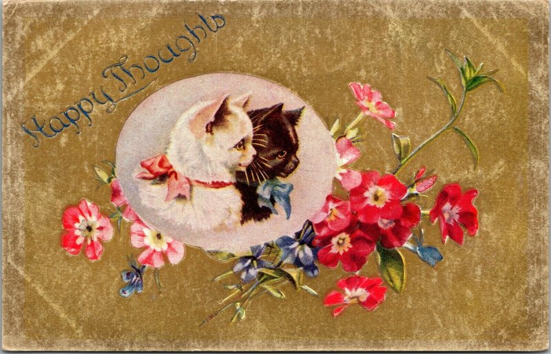  LOVELY ANTIQUE CAT POSTCARD PLAYFUL TABBY KITTIES HAPPY THOUGHTS