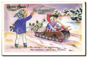 Old Postcard Fantasy Illustrator Child Sledding Happy new year