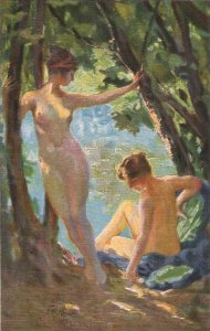 Nude. The bathing pool, by F.M. Bredt  Fine painting, old vintage German PC