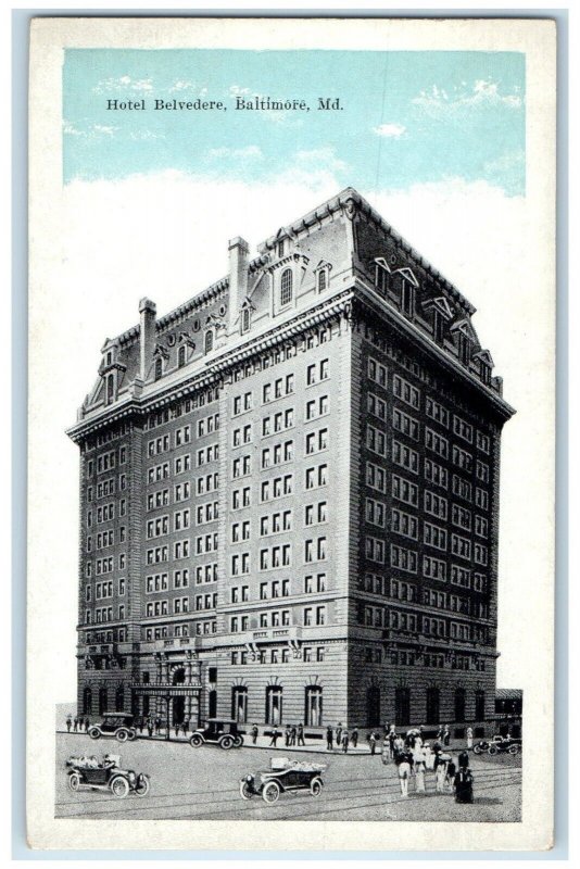 c1910's Hotel Belvedere Building Cars Scene Baltimore Maryland MD Postcard