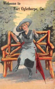 Fort Oglethrope Georgia Greetings Lady on Bench Vintage Postcard AA82770