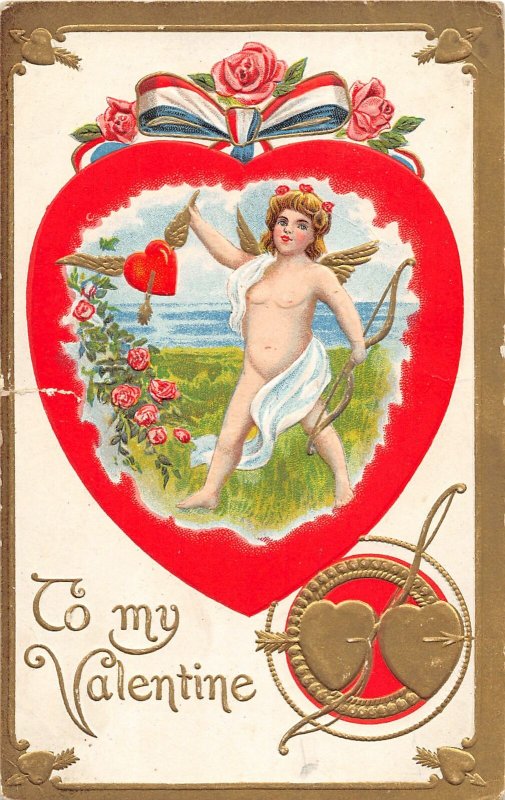 F38/ Valentine's Day Love Holiday Postcard c1910 Gold Cupid Heart Fancy 14