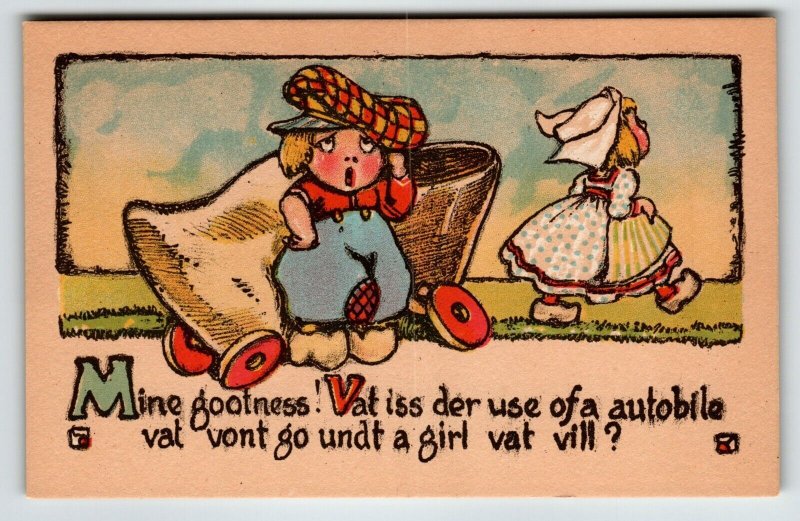 Dutch Boy Girl Postcard Comical Buggy Cart Shoe On Wheels TP & Co. Unposted