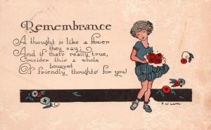 Vintage Postcard Cute Little Girl Holding Bouquet Of Flowers As A Remembrance