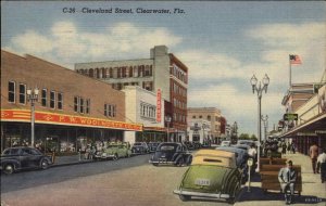 Clearwater Florida FL Cleveland Street Woolworth Co Classic Cars Linen Postcard