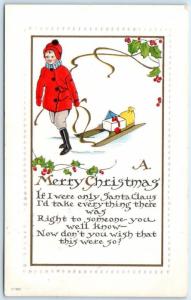 Arts and Crafts  MERRY CHRISTMAS  Child With Sled Embossed  1916  Postcard