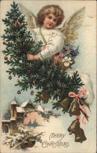 Christmas Little Girl Angel with Tree Bells c1910 Vintage Postcard