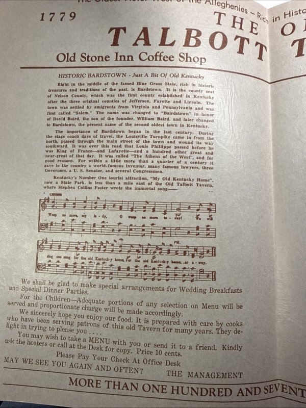 Vintage 50s OLD TALBOTT TAVERN Restaurant Menu BARDSTOWN Kentucky