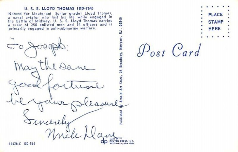 USS Lloyd Thomas Battleship (DD-764) Postcard