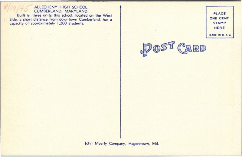 Postcard MD Cumberland Allegheny High School