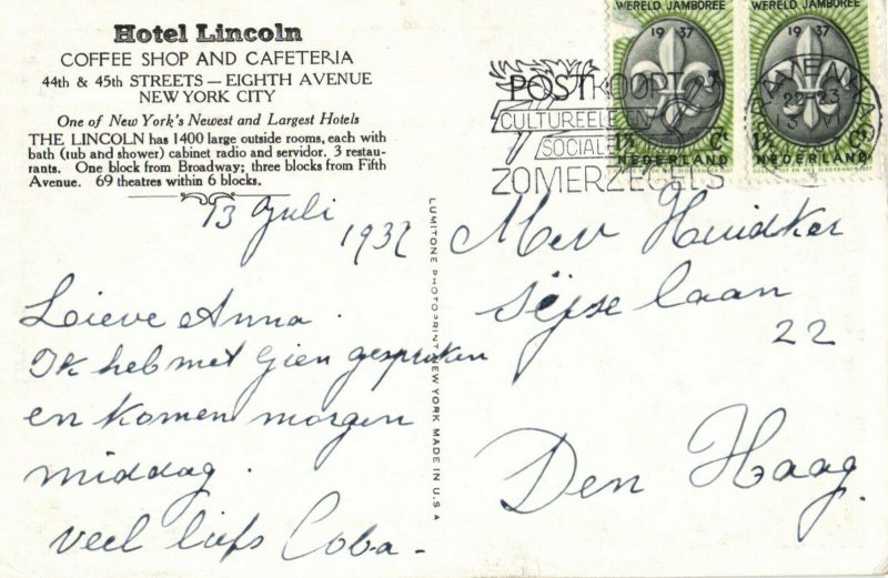 PC CPA US, NY, NEW YORK CITY, HOTEL LINCOLN, VINTAGE POSTCARD (b15625)