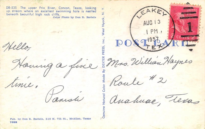 Cancan Texas 1957 Postcard Upper Frio River Leakey Texas Cancel