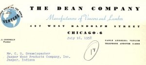 1958 THE DEAN COMPANY CHICAGO VENEERS AND LUMBER T J CONNNELLY LETTER Z840