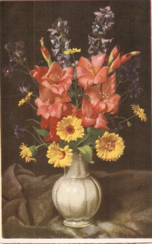 Beautiful flowers in vase Nice vintage Swiss postcard