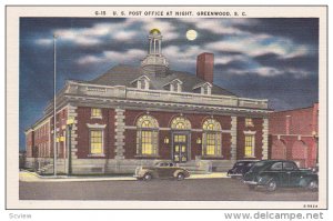 US Post Office at night, Greenwood, South Carolina, 1930-40s