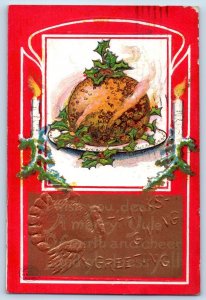 Christmas Postcard Greetings Pudding Holly Berries Turkey Winsch Back 1908