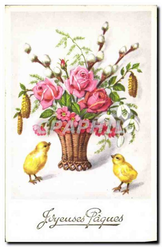Old Postcard Happy Easter Chicks Flowers
