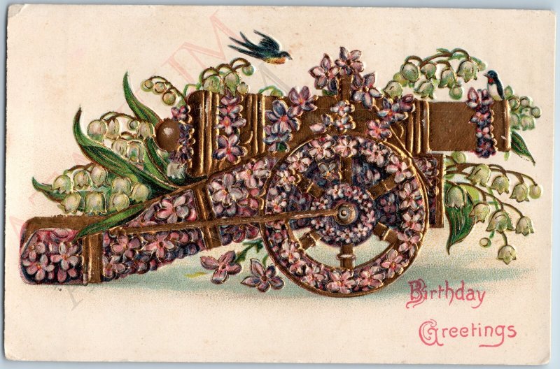 c1910s Cool Golden Flower Cannon Birthday Greetings Embossed Germany Birds A190