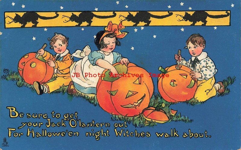 Halloween, Tuck No 197-1, Children Carving Jack o Lanterns, Signed EMH 