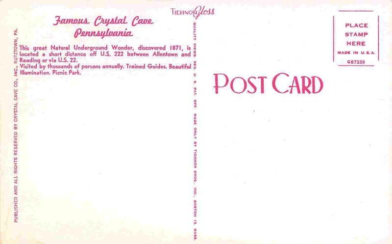 Famous Crystal Cave Arrivals Pennsylvania postcard