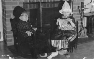 Holland Michigan~Little Children in Dutch Clothing~Girl Crocheting~1940s RPPC