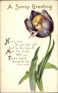 EastPretty Woman Fantasy Face in Flower Embossed Stecher c1910s Postcard