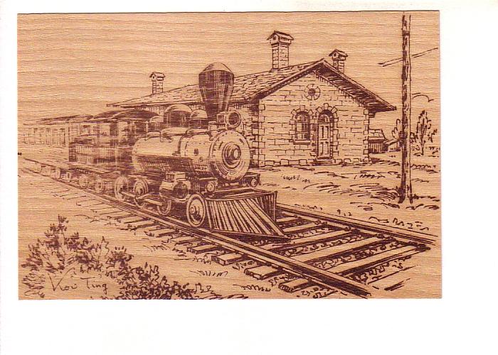 Steam Engine, Railway Train Cars in Station Sketch on Thin Wood, Made in Canada